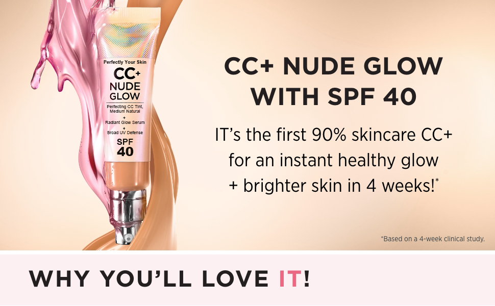 Cosmetics Your Skin But Better CC+ Nude Glow SPF40 w/ Luxe Brush Foundation Makeup Sunscreen Base Coverage Niacinamide