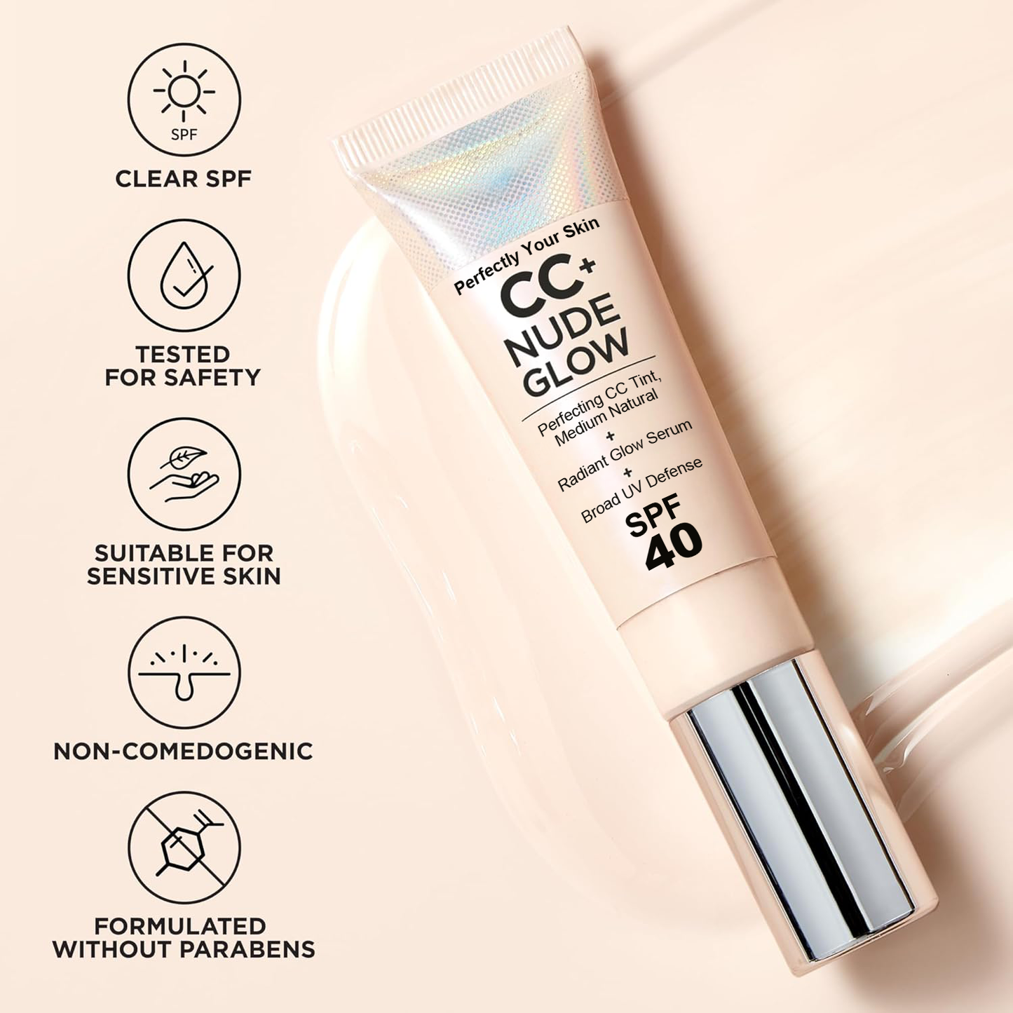 Cosmetics Your Skin But Better CC+ Nude Glow SPF40 w/ Luxe Brush Foundation Makeup Sunscreen Base Coverage Niacinamide